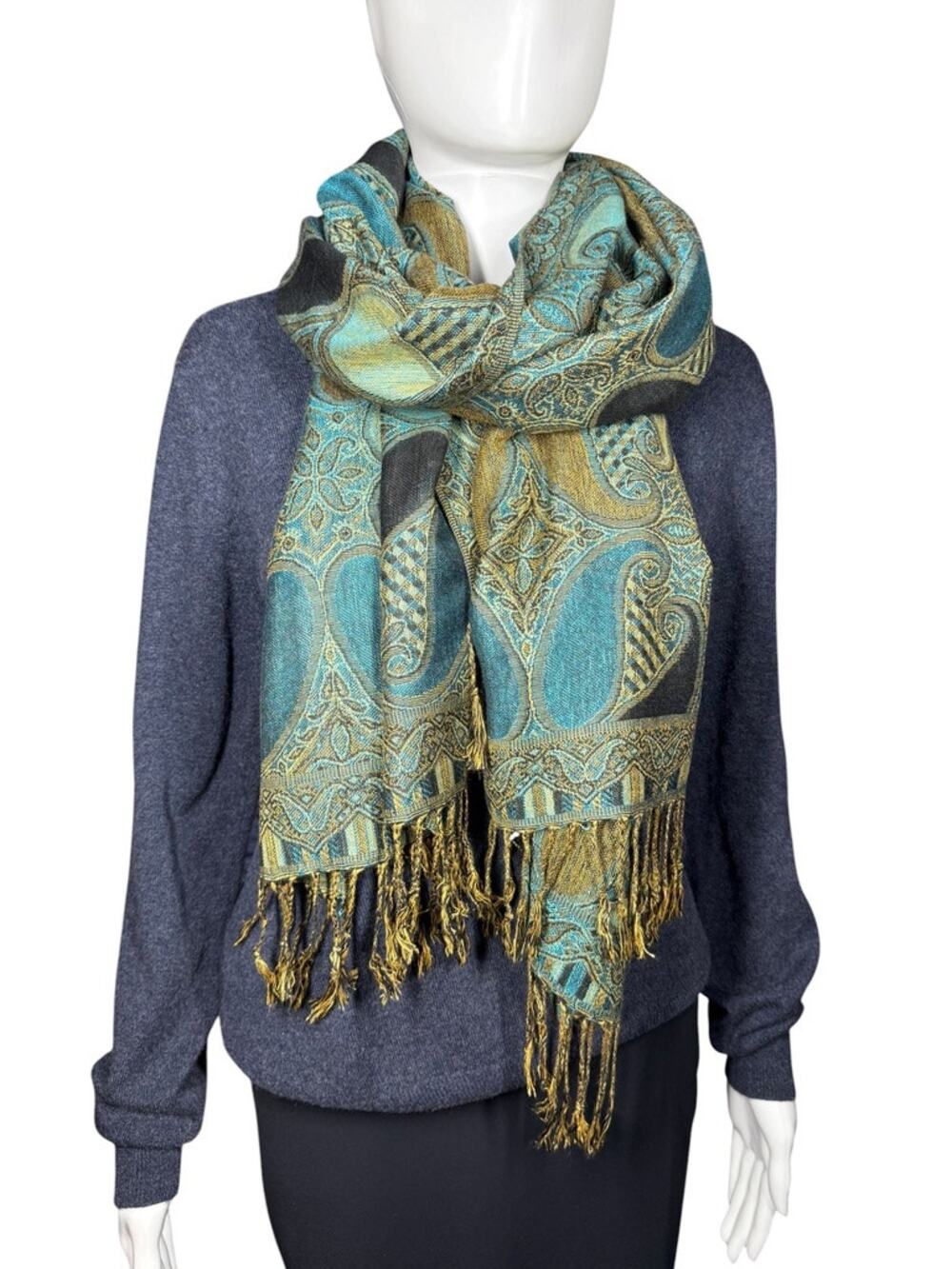Teal Blue Green and Gold Paisley Fringe Pashmina Scarf